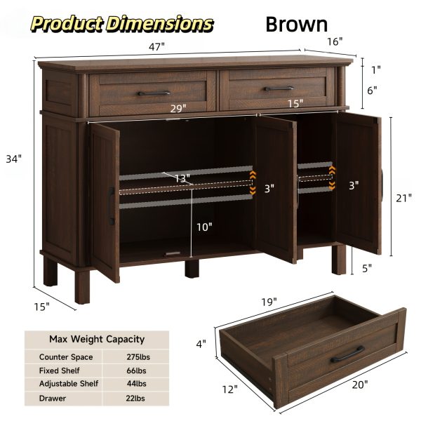 product-fancy-6952e9a9-ca36-431e-b93e-f7f2f3918ed0 Farmhouse 48 Inch Buffet Cabinet with Storage, 48 Inch Sideboard with 2 Drawers And 3 Doors - Wood Coffee Bar Cabinet with Adjustable Shelves for Kitchen, Dining Room, Living Room