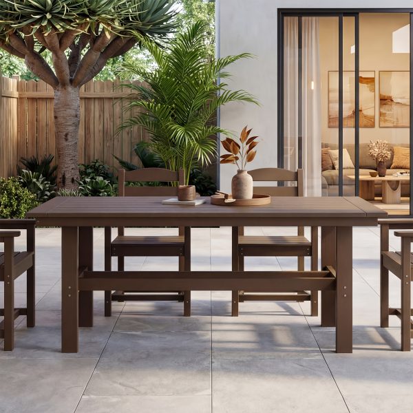 Modern Outdoor Dining Table for 6-Person Rectangle Indoor Outdoor Table with Umbrella Hole & Wood-Like Surface, Weather-Resistant Outside Dining Table for Patio Lawn Garden Backyard, 32.7" D X 70.9" W X 29.4" H