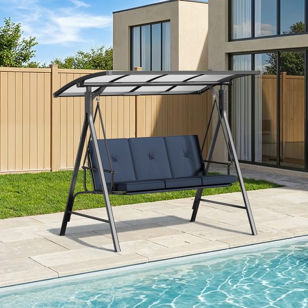 product-fancy-6a180c74-ac6d-49b1-966c-72cf55d5b686 3-Seat Porch Swing Chair with Stand - Convertible to Adult Swing Bed, Adjustable UV-Protected Canopy & Thick Cushion, 750lbs, Flat Bed (Red/Blue/Dark Gray) for Porch, Backyard, Garden & Balcony