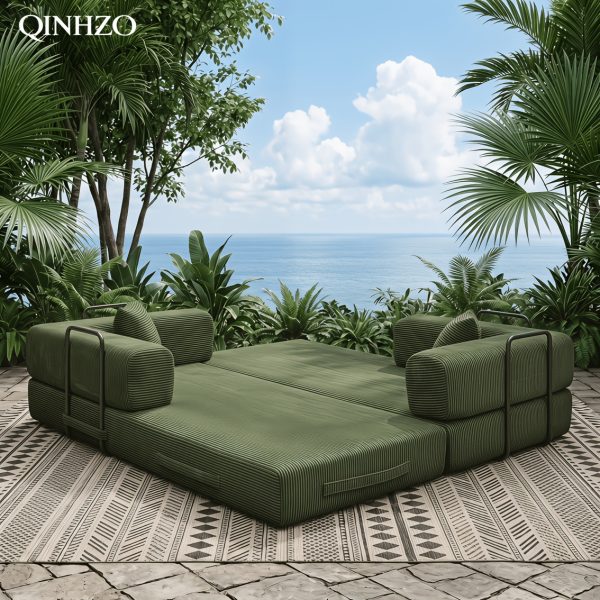 [Modular Sofa Bed] 107.8 Inch Corduroy Modular Sofa Bed - Convertible King Bed Suitable for Patio, Balcony & Beach House, No Assembly Required Outdoor Couch with Foam Frame, High-Density Foam Cushioning, Luxury for -Weather Living Room Furniture
