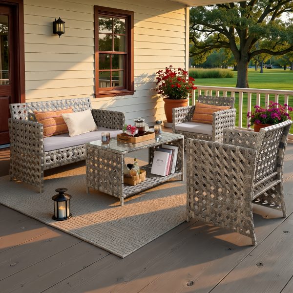 4pcs PE Rattan Bistro Patio Furniture Collection, Outdoor Sectional Featuring 2 Chairs, a Loveseat, And a Coffee Table, Compact Modern Porch Conversation Set for Backyard Garden, Premium Appearance
