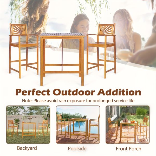 product-fancy-6a9be208-6464-49d1-b1b1-570c21929de7 LIFEZEAL 3pcs Patio Bar Table & Chairs, Outdoor Acacia Wood Bar Set w/ Slatted Seat & Tabletop, Wood Dining Bar Set w/ Appealing Backrest for Backyard, Poolside, Balcony.