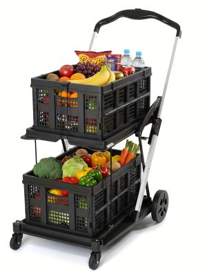 Two Layers Folding Shopping Cart | Multi Use Functional Collapsible Carts | Collapsible Grocery Carts | Shopping Cart with Storage Crate | Utility Cart for Groceries, Warehouse, Supermarket.Black