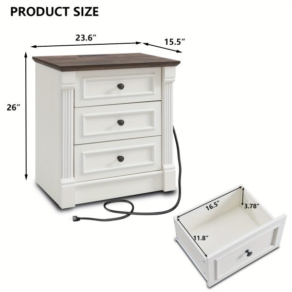 product-fancy-6b167698-e47c-4d79-8360-a770a7c1f8d7 26 Inch High Farmhouse Bedside Table Set of 2, 3 Drawer Side Table with Charging Station, 23.6 Inch Wide Side Table with Roman Posts, Wooden Country Style Bedside Table for Bedroom, Living Room