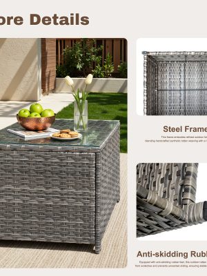 [Outdoor Coffee Table] 24" Square Outdoor Coffee Table Suitable for Backyard, Balcony & Deck - Handwoven PE Wicker Frame with Tempered Glass Top, All-Weather Bistro Table, Glass for Patio Furniture, Compact for Small Spaces, Garden Entertaining