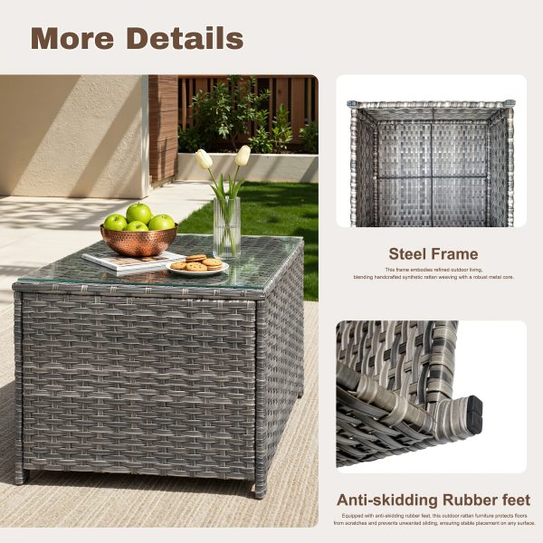 [Outdoor Coffee Table] 24" Square Outdoor Coffee Table Suitable for Backyard, Balcony & Deck - Handwoven PE Wicker Frame with Tempered Glass Top, All-Weather Bistro Table, Glass for Patio Furniture, Compact for Small Spaces, Garden Entertaining