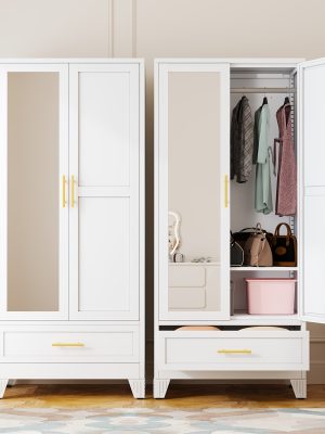 Bedroom with Mirror Wardrobe, 71 Inch High Wardrobe with Drawers, Clothing Storage Cabinet with Adjustable Shelves And Hangers