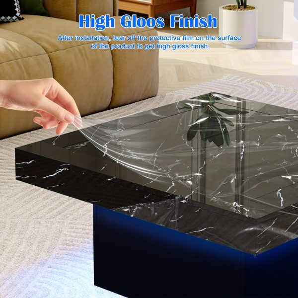 product-fancy-6bcacbee-97e2-41ef-be0d-b01f54513601 Modern Luxury Low-Profile Square Coffee Table with LED Lights - Space-Saving Faux Marble Top & Engineered Wood Base Suitable for Small Spaces, Compact Living Room Center Table, Assembly, Black/Brown