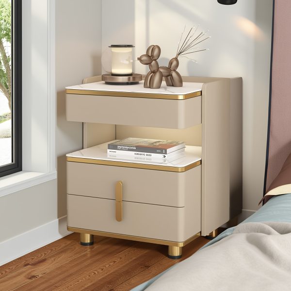 product-fancy-6bea5782-d42d-4122-bdcc-1577c05e213f Modern Marble-Top Nightstand with Golden Trim, 3-Drawer Beside Table with Open Shelf, Tempered Glass Countertop, Rounded Corners And Silent Slides for Bedroom, Luxury Minimalist Storage Cabinet 1/2pcs