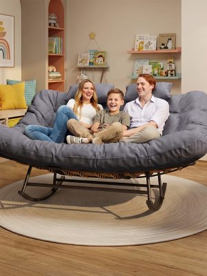Large Papasan Rocking Chair, Double Rocking Chair with Thick Cushions And Rattan Frame, Oversized Lounge Chair for Nurseries, Suitable for Rooms, Living Rooms, Bedrooms, And Apartments (Gray)