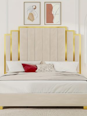 LUXOAK Modern Upholstered Bed Frame with 65" Headboard, Golden Plating Trim, Platform Design - No Box Spring Needed