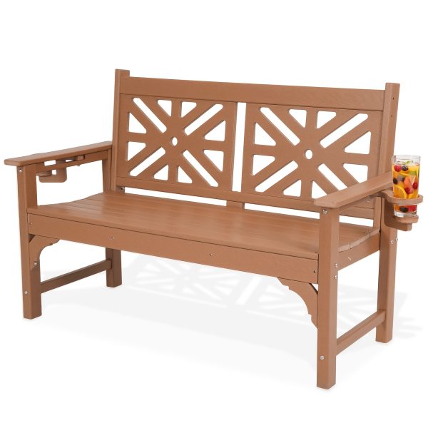 product-fancy-6cb73663-f6ef-467b-821b-b6975d7b96d1 Outdoor Bench with Cup Holders, HDPE Weatherproof Garden Bench 2-Person, Fade/Rot Resistance Patio Benches for Porch And Park