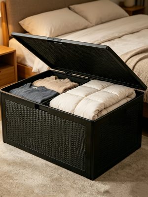 Black Storage Box with Lid, Sturdy Large Storage Container for Bedroom Clothing Pillow Organizing, Multipurpose Household Storage Trunk Organization Essential Space Saver Storage Bin