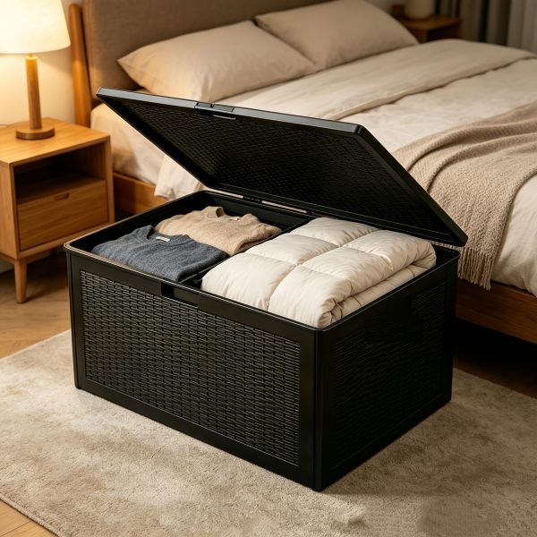 Black Storage Box with Lid, Sturdy Large Storage Container for Bedroom Clothing Pillow Organizing, Multipurpose Household Storage Trunk Organization Essential Space Saver Storage Bin