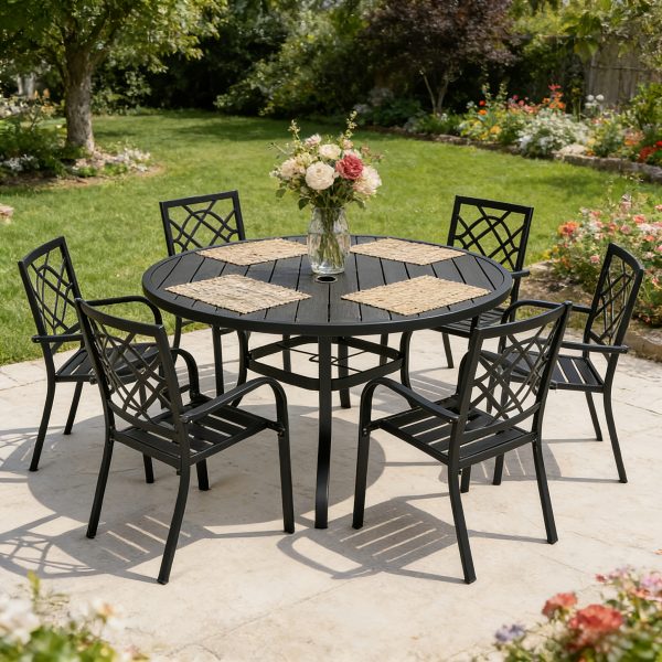 5/7pcs Outdoor Dining Set, Including 4/6 New Dining Chairs And 1 Round Table (53"/41") - Heavy Iron Frame, Adjustable Umbrella Holes (1.57"-1.97")