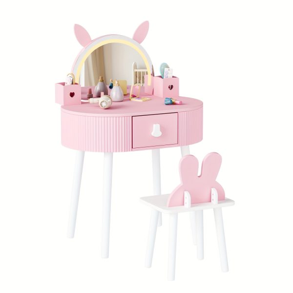 product-fancy-6d853bbf-67aa-447f-a21c-4f89411e52d4 JOYMOR Kids Vanity Set with LED Lights, Girls Vanity Set, with Touch Screen, 3 Colors Adjustment, Solid Wood Leg, Large Drawer, 2 Storage Boxes, Kids Vanity Table and Chair Set, Birthday/Festival Gift for Girls, Animal Style