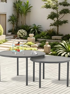 2pcs Black Aluminum Round Outdoor Coffee Table Set | Nesting Side Table with Round Tabletop, Powder Coated Aluminum Frame, Suitable for Garden Balcony