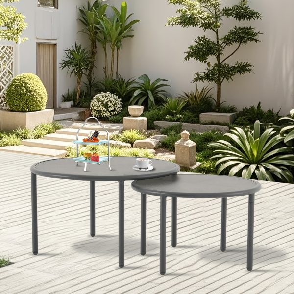 product-fancy-6d992030-a28b-4b56-bef5-66f585ba34f3 2pcs Black Aluminum Round Outdoor Coffee Table Set | Nesting Side Table with Round Tabletop, Powder Coated Aluminum Frame, Suitable for Garden Balcony