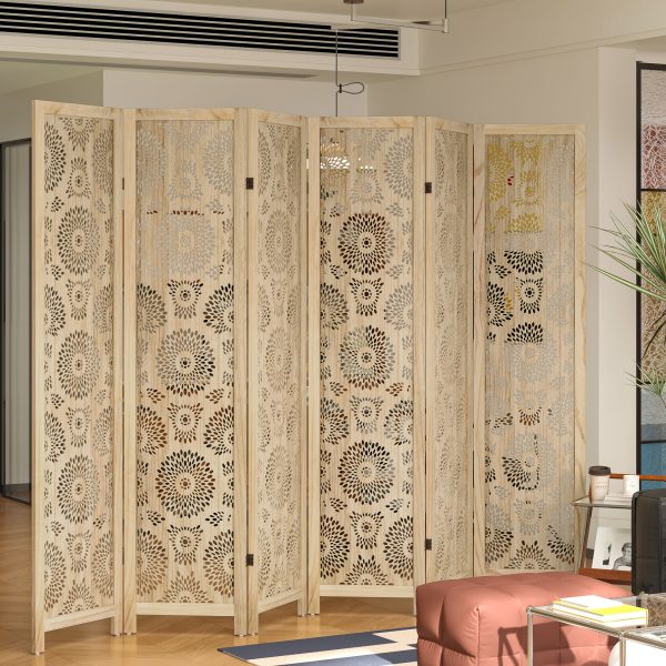 product-fancy-6d9a967f-634a-444e-9809-2521ab4a4dd0 6 Or 4 Panel Wood Screen Room Divider, Farmhouse Style Carved Boho Wall Dividers Folding Screens, Freestanding Hollow Partition Privacy Screen for Home Office Bedroom Studio Apartment, Natural