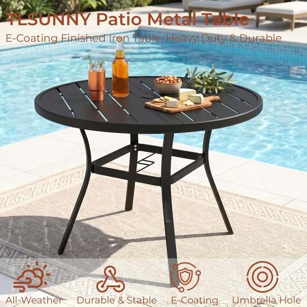 5pcs Patio Dining Set for 4, Outdoor Table And Chairs W/ 1.57"-1.9" Adjustable Umbrella Hole And Foot Pads, All Weather 42" Round Metal Table And Stackable Textilene Chair