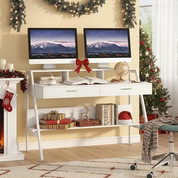 product-fancy-6dcc4f21-c937-4f8c-acd3-17ea8cd592ca 47 Inch Computer Desk With Storage Shelf & Drawers | Modern Office Writing Desk Study Table With Monitor Stand Riser, White, Byblight, Christmas Renewal