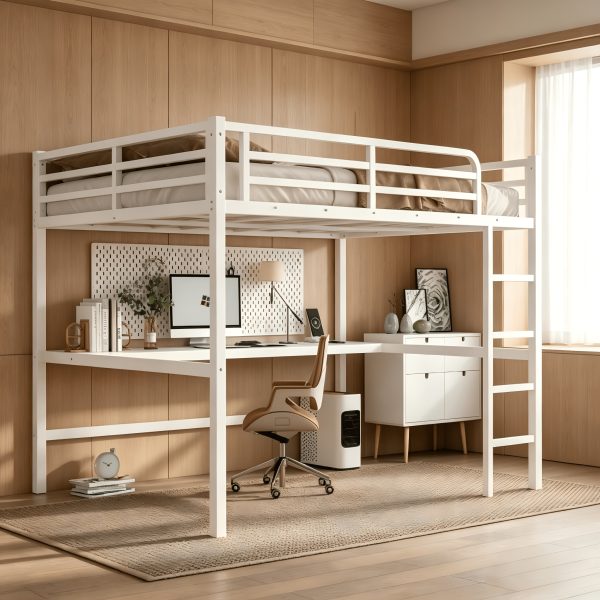 product-fancy-6df0d855-dc55-4a28-bbe5-14cb2ac5b62e BELLEMAVE Queen Size Heavy-Duty Metal Loft Bed Frame with Built-In Desk, Side Ladder And Full Safety Guardrails, Noise-Reduced Loft Bed, No Box Spring Required, Modern Bedroom Furniture for Small Apartments, Off White