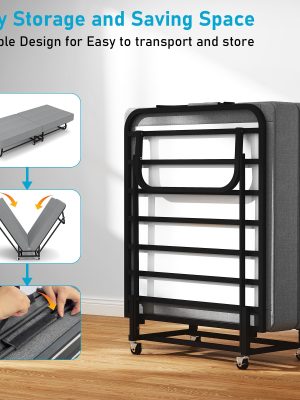 Twin Size Folding Bed with 3" Memory Foam Mattress, Foldable Roll Away Guest Bed for Adults, Sturdy Metal Platform Bed with Wheels, Space-Saving Design for Easy Storage, Portable Bed for Bedroom, Office & Apartments, 75''x31''