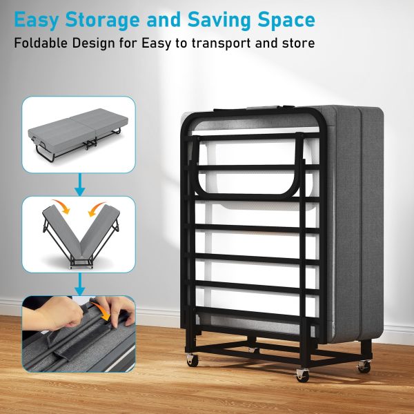 Twin Size Folding Bed with 3" Memory Foam Mattress, Foldable Roll Away Guest Bed for Adults, Sturdy Metal Platform Bed with Wheels, Space-Saving Design for Easy Storage, Portable Bed for Bedroom, Office & Apartments, 75''x31''