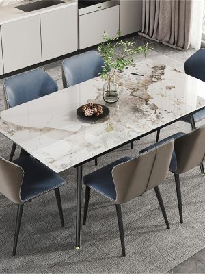 AESOME 47.2" Dining Table - Rectangular 4-6 Seat Dinner Table With Marble Sintered Stone Table Top - Tapered Metal Legs For Dining Room Restaurant And Living Room Furniture