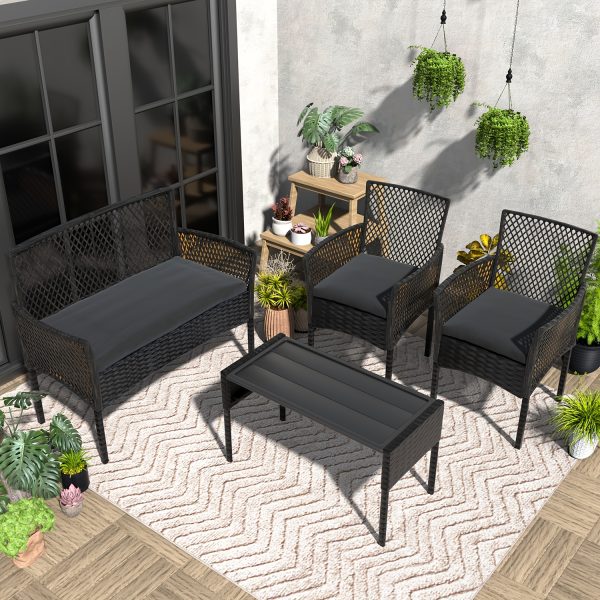 [Outdoor Rattan Set] 4pcs Outdoor Wicker Patio Furniture Set Rattan Conversation Group With Cushions, Coffee Table For Porch, Garden, Poolside & Backyard, Black - Patio Furniture Outdoor