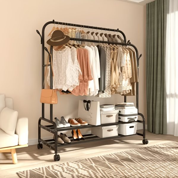 product-fancy-6f00ada6-46e2-4ac1-b06f-c6b97ae004b2 Sturdy Metal Double-Rail Garment Rack with Wheels -Portable Clothing Rack with Shelves And Hooks -Heavy-Duty Clothes Hanger Stand- Multifunctional Bedroom Closet Organizer -Black