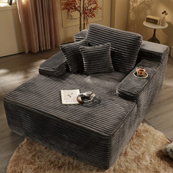 67" Oversized Boneless Lounge Chaise - Corduroy/Plush Fabric/Teddy Fleece Floor Couch with Pillows And Armrests | Deep Seat Single Sofa Bed with High Density Sponge Cushion | U Sleeper Couch for Living Room, Apartment, Bedroom | No Assembly Required