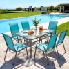 product-fancy-6f5aa3bf-3b54-47ed-a766-43247e095779 7pcs Outdoor Dining Table and Chairs for 6 People - Textilene Stackable Patio Furniture with Glass Table & Umbrella Hole Base Suitable for Deck, Poolside,, Backyard - Umbrella Not Included