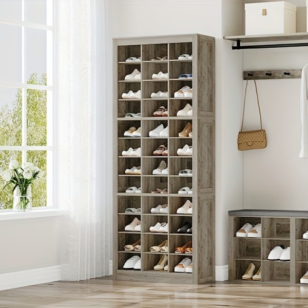product-fancy-6f71addb-fd53-48e3-a587-39f87d622469 Shoe Storage Unit, Accommodates 36 Pairs, Freestanding Closet Organizer, 8.8-Inch Wide Wooden Shoe Organizer, 12-Tier Vertical Shoe Rack for Entryway And Bedroom, in White And Greige