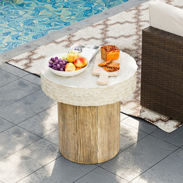 Modern Sculptural Mgo Outdoor Side Table, Grey Faux Wood And Stone Cylinder Nesting Table Set, Weather-Proof Concrete Garden Stool for Patio Living Room