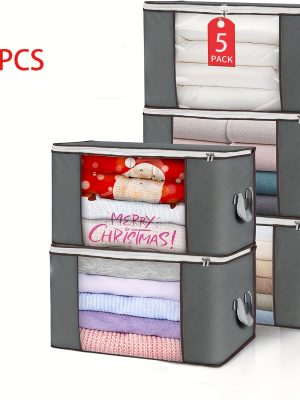 5pcs 23.78gal Large Storage Bags, Clothes Storage Bins Foldable Closet Organizers Storage Containers With Reinforced Handle For Clothing, Blanket, Comforters, Bed Sheets, Pillows And (Gray)