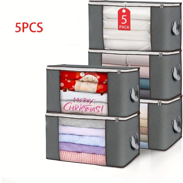 product-fancy-6ff7b8ba-11ee-4f45-aaca-29c9b1de3325 5pcs 23.78gal Large Storage Bags, Clothes Storage Bins Foldable Closet Organizers Storage Containers With Reinforced Handle For Clothing, Blanket, Comforters, Bed Sheets, Pillows And (Gray)