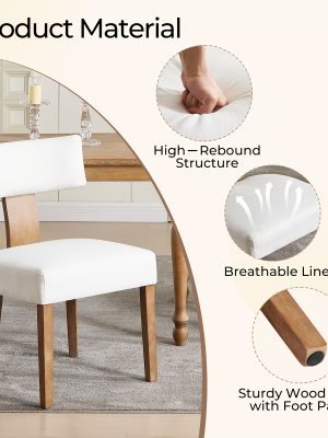 DMKAI Set Of 2 Farmhouse Rustic Dining Chairs - White Upholstered Low-Back Backrest, Natural Wood Frame with Hand-Carved Accents, Sturdy Tapered Legs for Dining Room & Kitchen