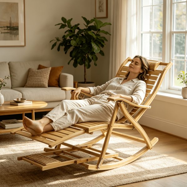 product-fancy-70405fec-a4c7-402b-91a7-0674581e5021 AESOME Loungers Deck Chair Wood Foldable Recliner Zero Gravity Chairs Bamboo Rocking Chair Ergonomic Design High Back Chaise Garden Outdoor Sun Lounge with Footrest for Patio Pool Sauna Sunbed