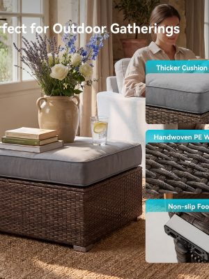 2pcs Large Square Outdoor Wicker Ottoman Set with Thick Cushions - All-Weather PE Rattan Suitable for Garden, Poolside, Patio Furniture, Grey/White Cushioned Stool, Footrest for /Outdoor Use, Assembly & Low Maintenance