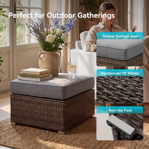 product-fancy-704a4cef-2dec-422c-9275-aca2142a53a2 2pcs Large Square Outdoor Wicker Ottoman Set with Thick Cushions - All-Weather PE Rattan Suitable for Garden, Poolside, Patio Furniture, Grey/White Cushioned Stool, Footrest for /Outdoor Use, Assembly & Low Maintenance