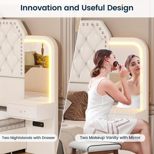 product-fancy-7073f6b5-8f11-47c1-8798-b7256855b4eb Queen Size Bed Frame with 2 Nightstands with Mirror, Modern Platform Bed Frame with 53" Tall Headboard and 4 Storage Drawers