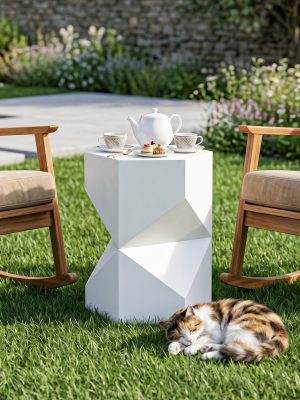 17.9” Modern Polygonal Magnesium Oxide Side Table - Space-Saving /Outdoor Accent Table with Polished Cement Top & Magnesium Frame, Suitable for Living Room, Bedroom, Balcony - White/Black/Grey Geometric End Table or Plant Stand