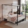 [Queen Canopy Bed Frame] Full Queen Canopy Bed Frame With Headboard And Footboard, Mattress Foundation Platform With Metal Slats Support, No Box Spring Needed, Easy Assembly, Black