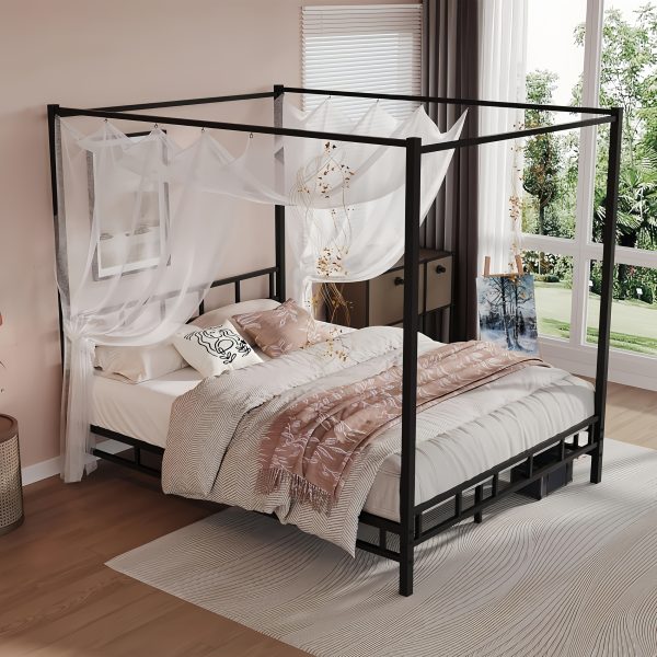 [Queen Canopy Bed Frame] Full Queen Canopy Bed Frame With Headboard And Footboard, Mattress Foundation Platform With Metal Slats Support, No Box Spring Needed, Easy Assembly, Black