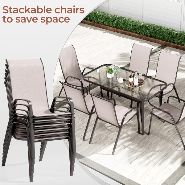 7pcs Outdoor Table And Chairs for 6, Outdoor Dining Set W/Rectangle Glass Table And 6 Patio Textilene Stackable Chairs, Patio Furniture Set W/Umbrella Hole, Umbrella Not Included