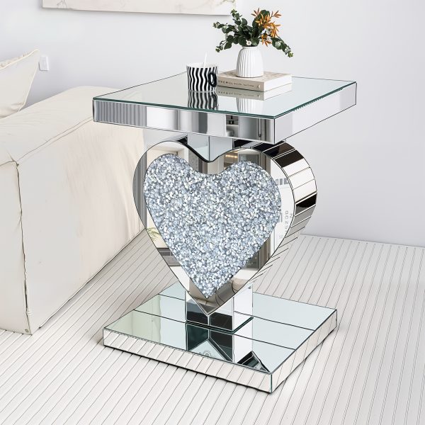 product-fancy-711a9a7a-e508-4002-9d07-5c4cd9672d14 Crushed Diamond Silvery Mirror Base Heart Shaped Side Table, Mirror Finish Decorative Table for Bedroom, Entryway, Living Room.Small Mirrored Coffee Table