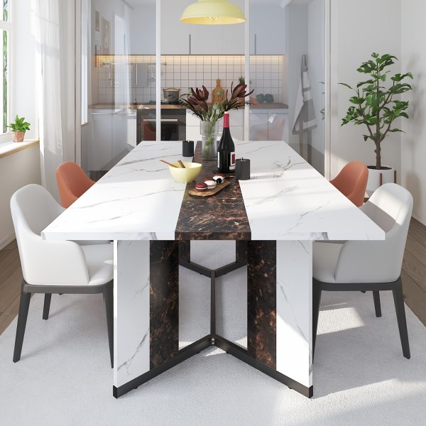 product-fancy-715f13fc-4e93-457a-8635-6f3928eff241 Waterproof and Scratch-Proof Dining Table - Luxurious 71-Inch Large Rectangular with Marble-Color Wood Top - Adjustable V-Shaped Legs for 4-7 People - Ideal for Family Dinners, Office, Kitchen, Living Room