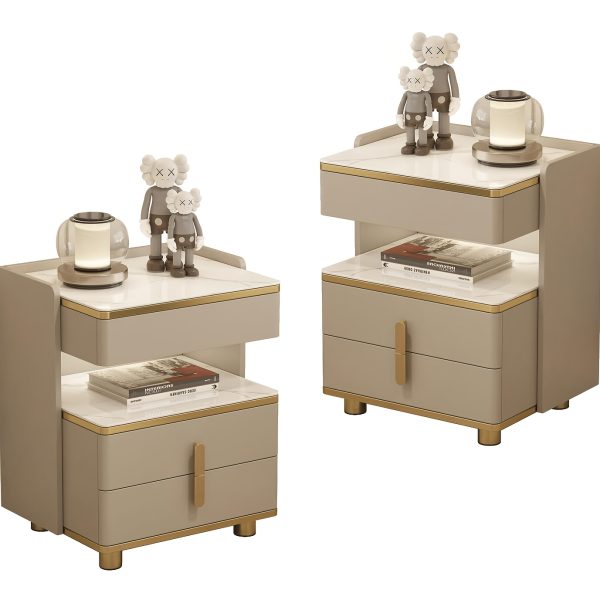 product-fancy-717e44ac-99bc-4f10-ad7a-7dac1c11a8ba Modern Marble-Top Nightstand with Golden Trim, 3-Drawer Beside Table with Open Shelf, Tempered Glass Countertop, Rounded Corners And Silent Slides for Bedroom, Luxury Minimalist Storage Cabinet 1/2pcs