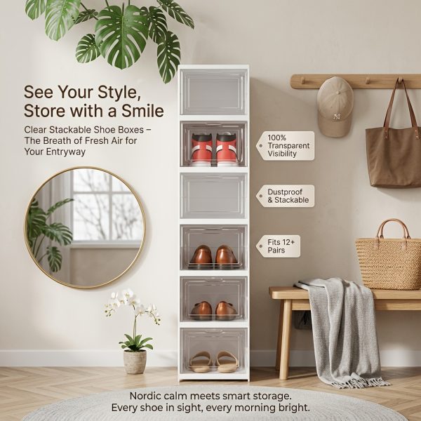 product-fancy-7185d79e-ac78-4a97-9018-6ef8d03ced31 6-Layer Foldable Shoe Cabinet with Transparent Doors & Dustproof Lid - Large Capacity Space-Saving Plastic Storage Box Suitable for Entryway, Hallway, Shoe Rack, No Assembly Required, -Standing Design for Use